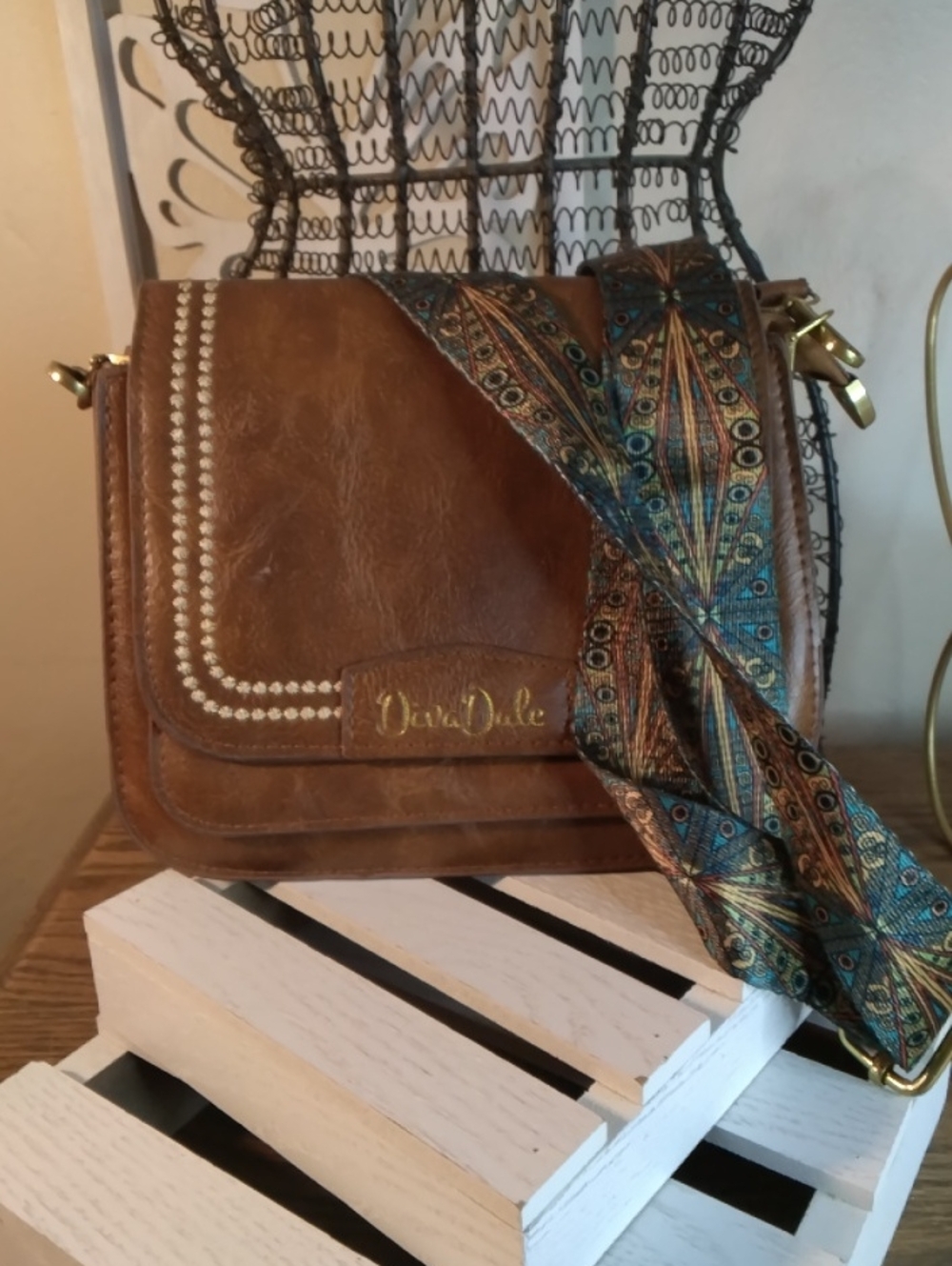 Brown Leather Crossbody Bag with Patterned Strap